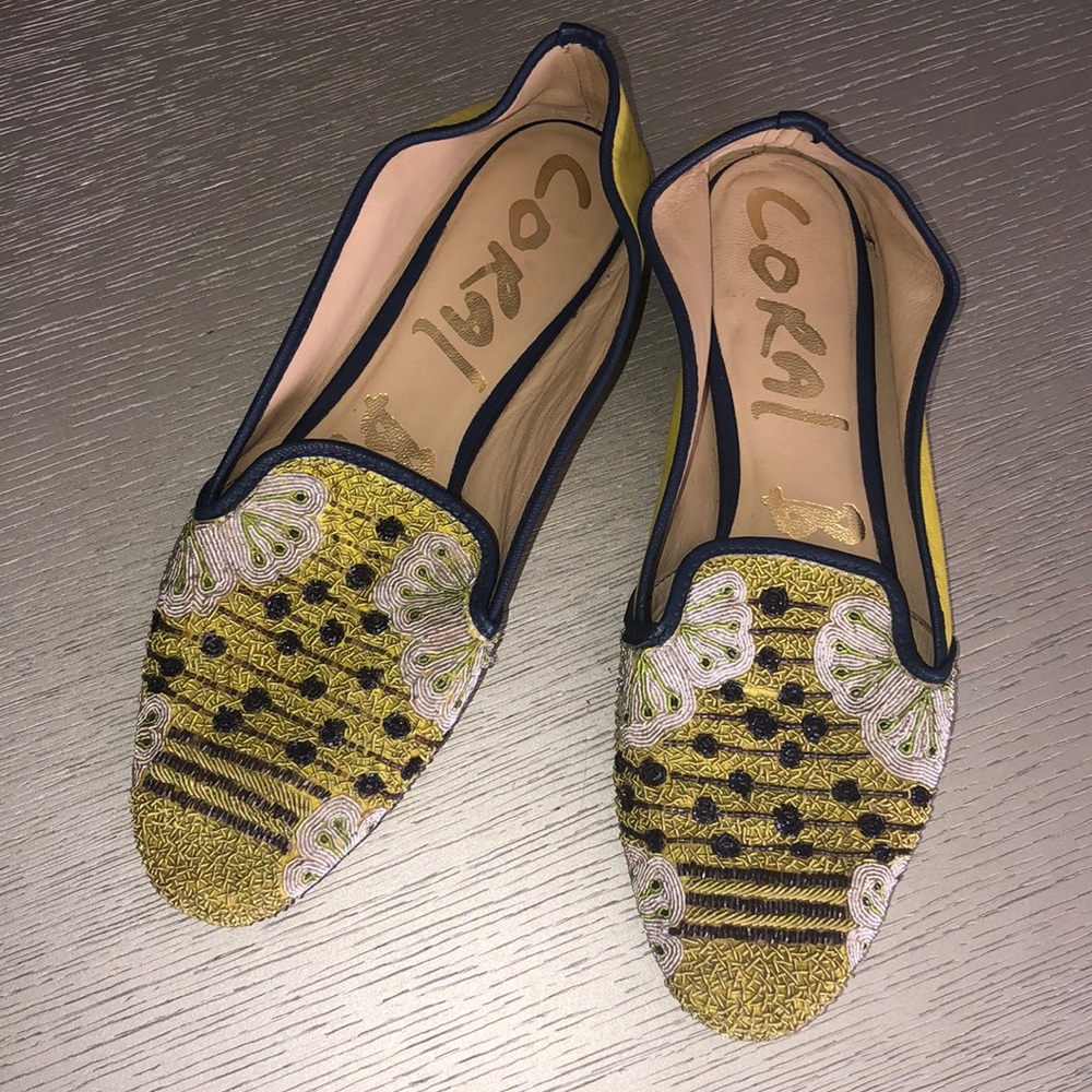 CORAL BLUE embroidered lamb leather flats Size 10